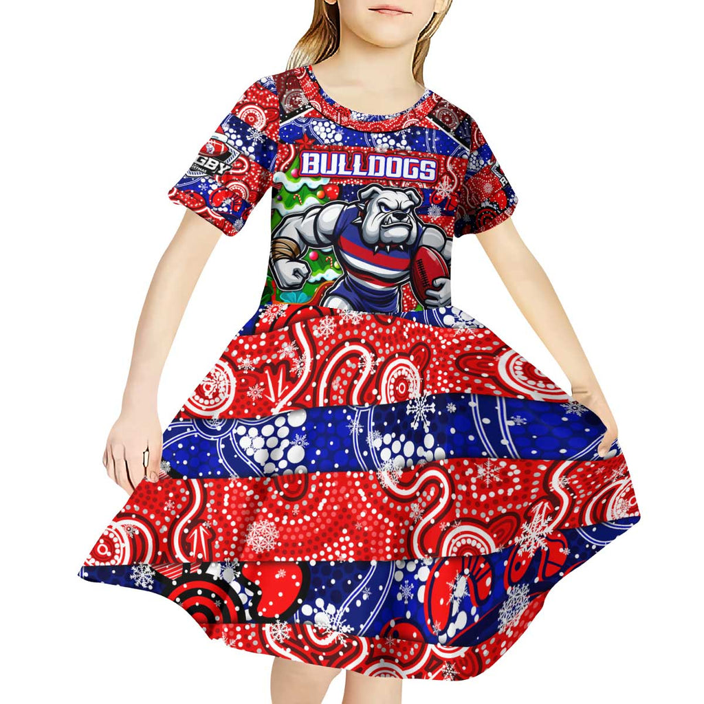 Custom Bulldogs Football Merry Christmas Kid Short Sleeve Dress Indigenous Australian Art