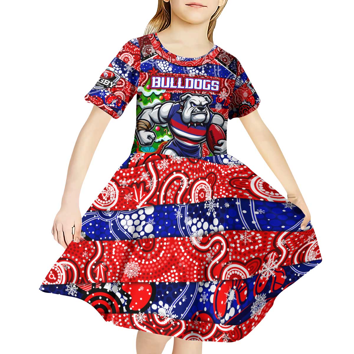 Custom Bulldogs Football Merry Christmas Kid Short Sleeve Dress Indigenous Australian Art