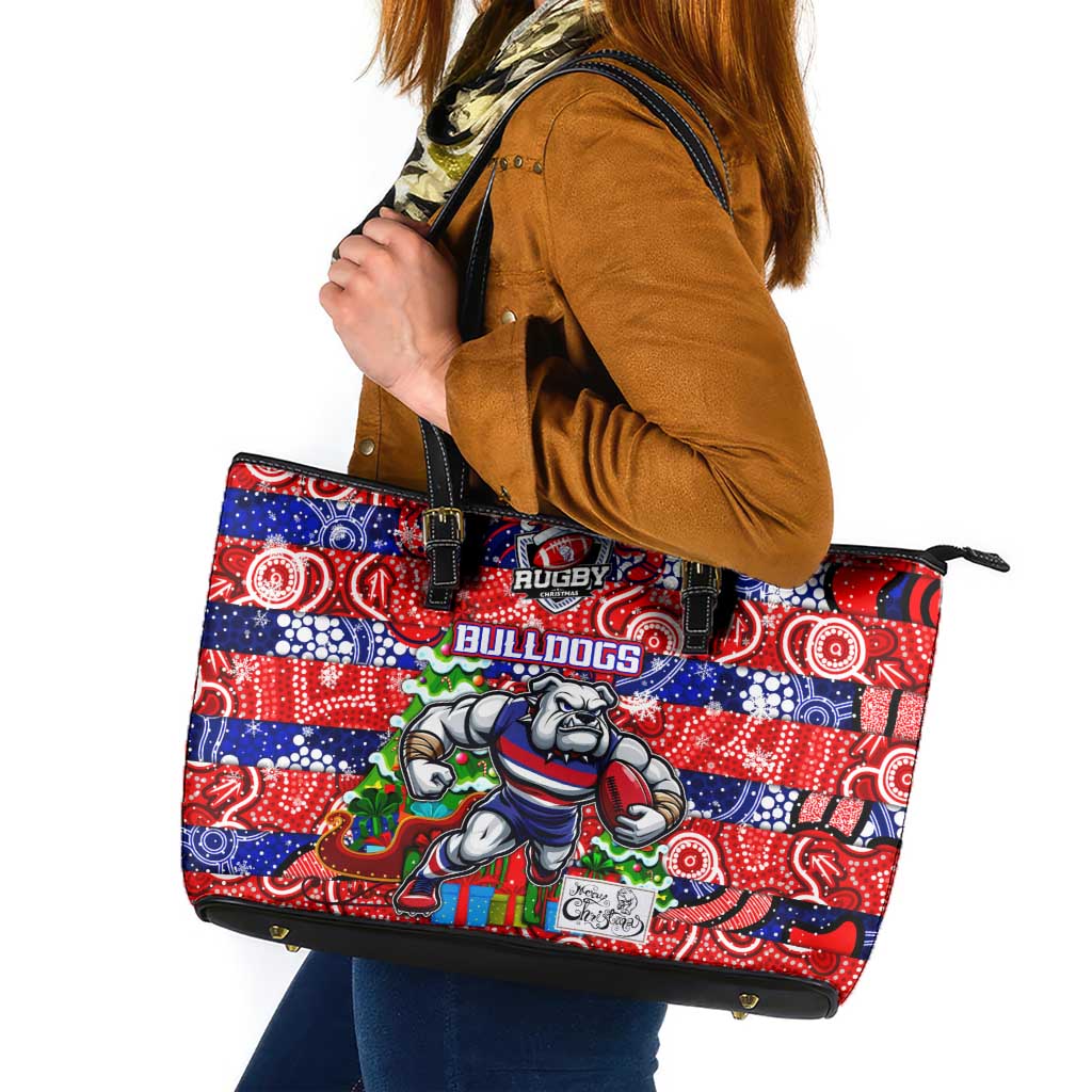 Bulldogs Football Merry Christmas Leather Tote Bag Indigenous Australian Art
