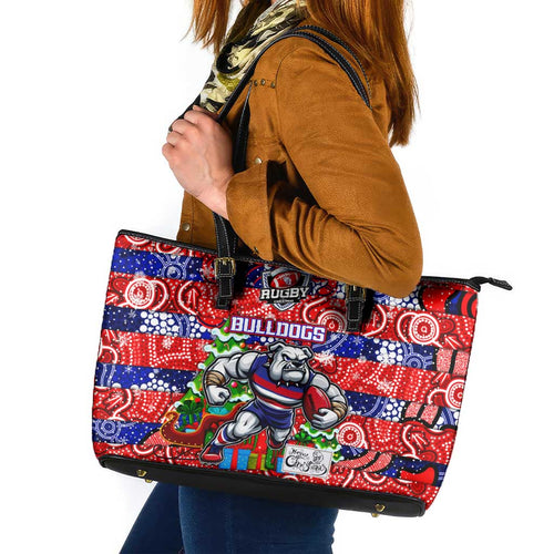 Bulldogs Football Merry Christmas Leather Tote Bag Indigenous Australian Art