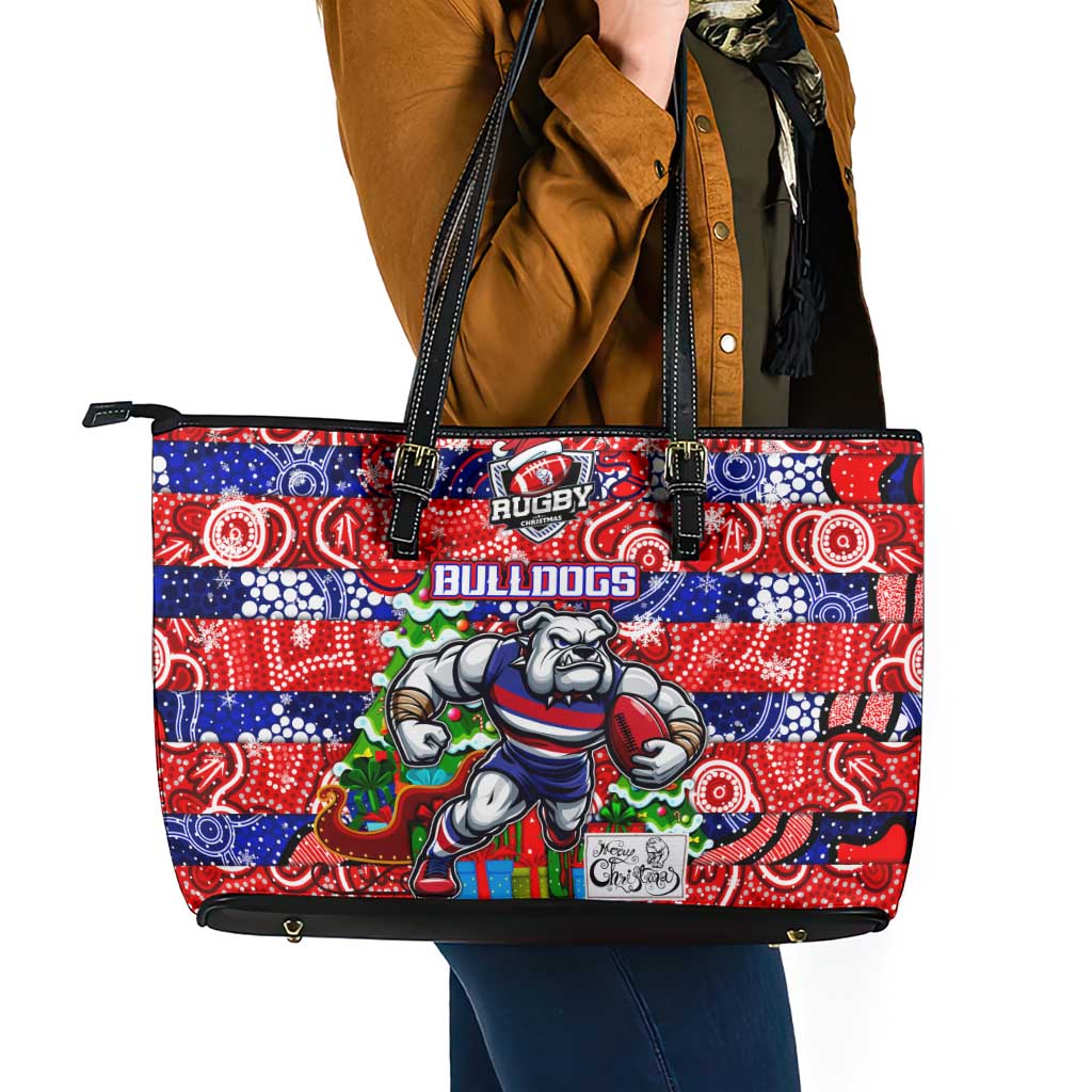 Bulldogs Football Merry Christmas Leather Tote Bag Indigenous Australian Art