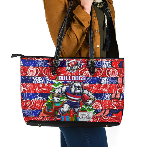 Bulldogs Football Merry Christmas Leather Tote Bag Indigenous Australian Art