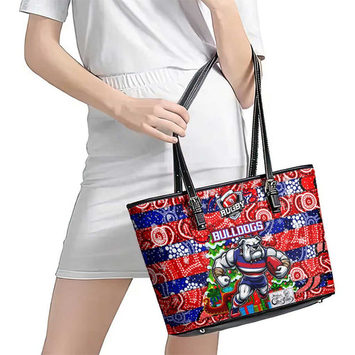 Bulldogs Football Merry Christmas Leather Tote Bag Indigenous Australian Art