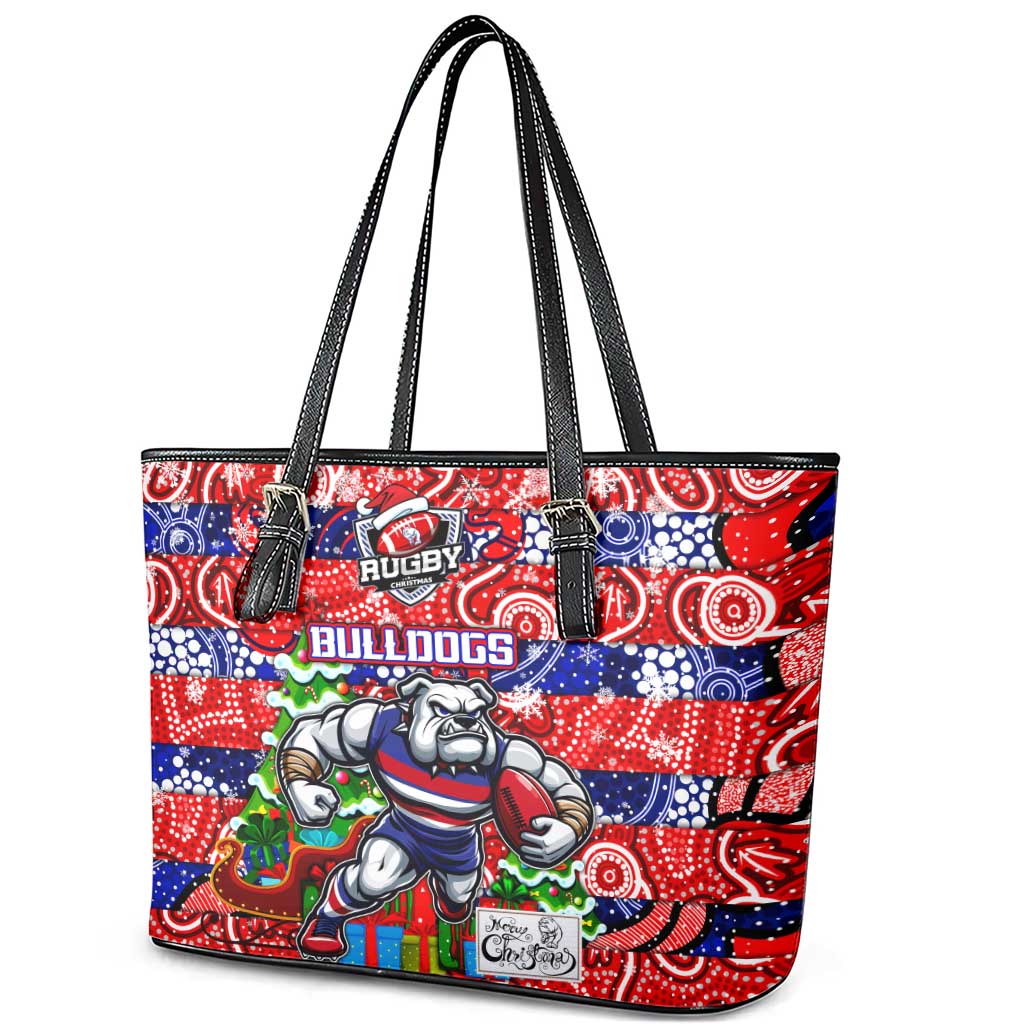 Bulldogs Football Merry Christmas Leather Tote Bag Indigenous Australian Art