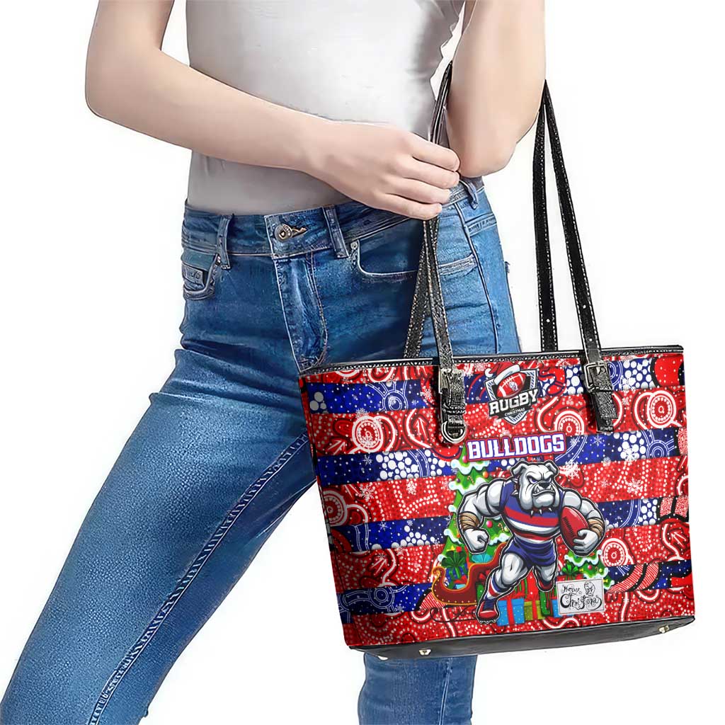 Bulldogs Football Merry Christmas Leather Tote Bag Indigenous Australian Art