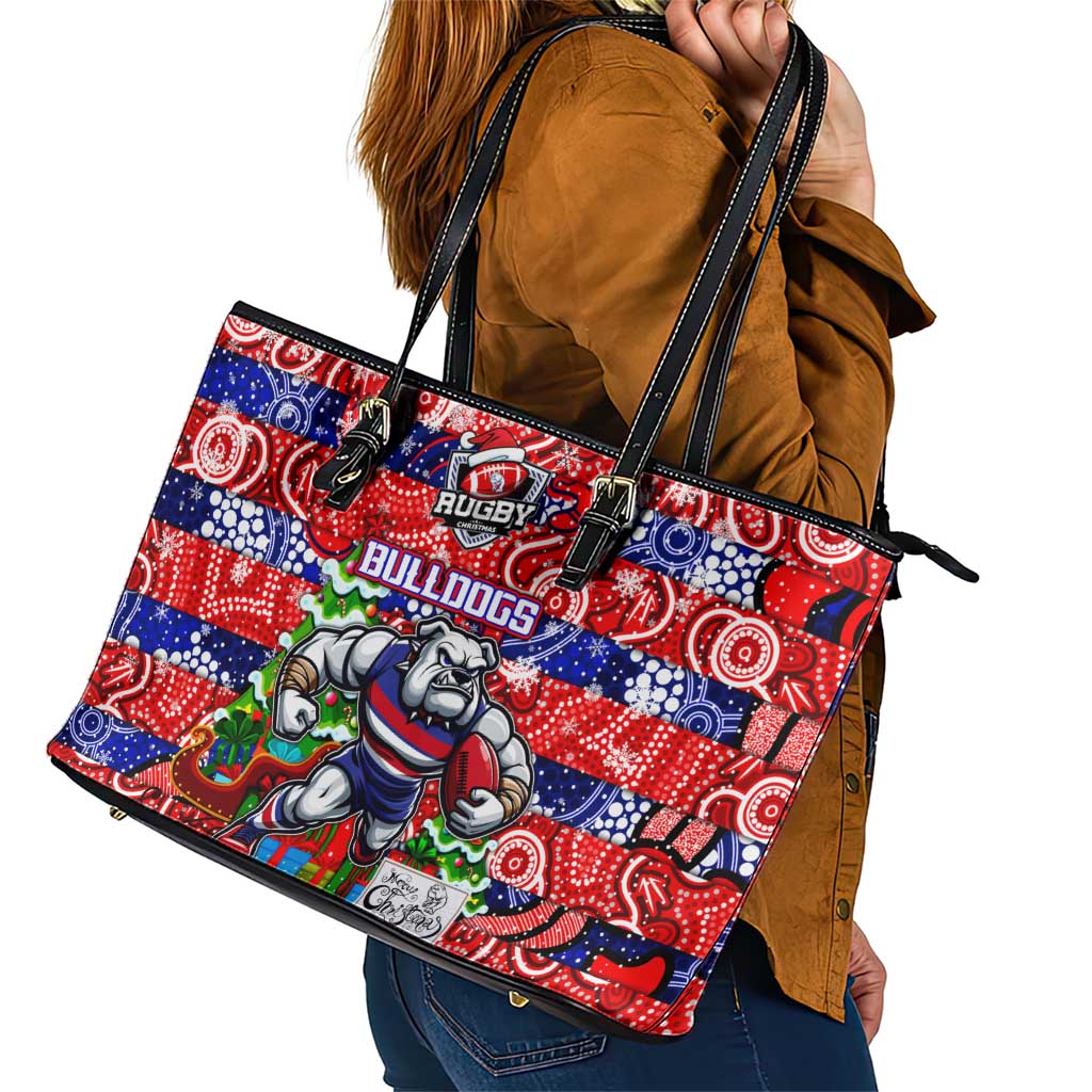 Bulldogs Football Merry Christmas Leather Tote Bag Indigenous Australian Art