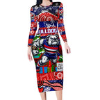 Custom Bulldogs Football Merry Christmas Long Sleeve Bodycon Dress Indigenous Australian Art