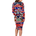Custom Bulldogs Football Merry Christmas Long Sleeve Bodycon Dress Indigenous Australian Art