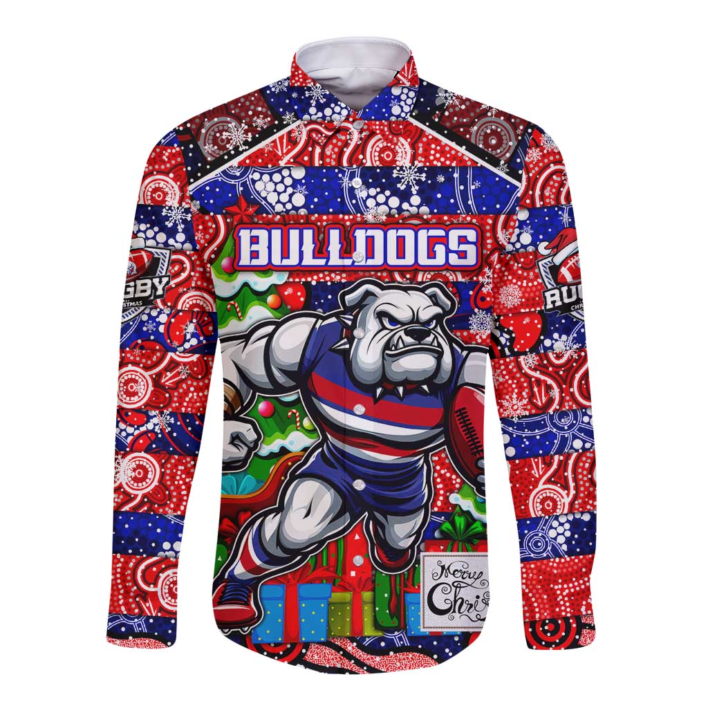 Custom Bulldogs Football Merry Christmas Long Sleeve Button Shirt Indigenous Australian Art