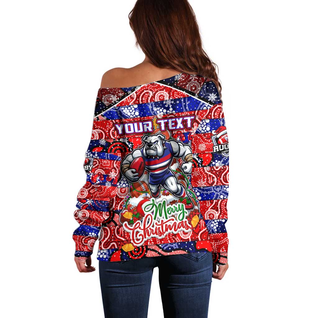 Custom Bulldogs Football Merry Christmas Off Shoulder Sweater Indigenous Australian Art