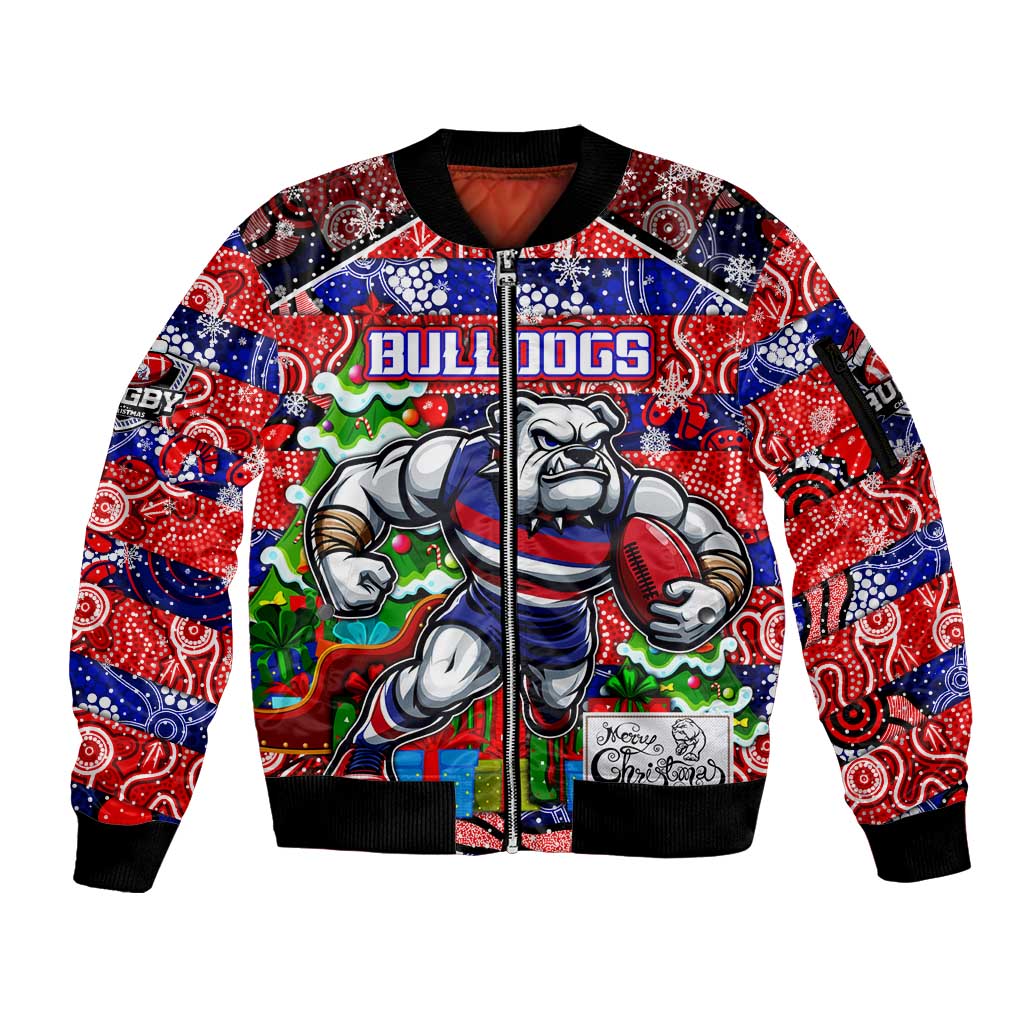 Custom Bulldogs Football Merry Christmas Sleeve Zip Bomber Jacket Indigenous Australian Art