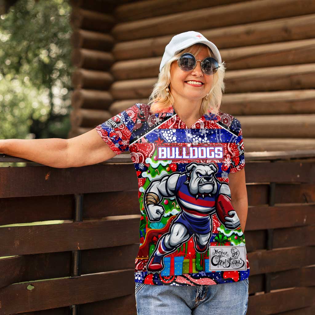 Custom Bulldogs Football Merry Christmas Women Polo Shirt Indigenous Australian Art