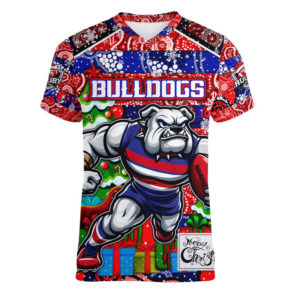 Custom Bulldogs Football Merry Christmas Women V-Neck T-Shirt Indigenous Australian Art