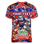Custom Bulldogs Football Merry Christmas Women V-Neck T-Shirt Indigenous Australian Art
