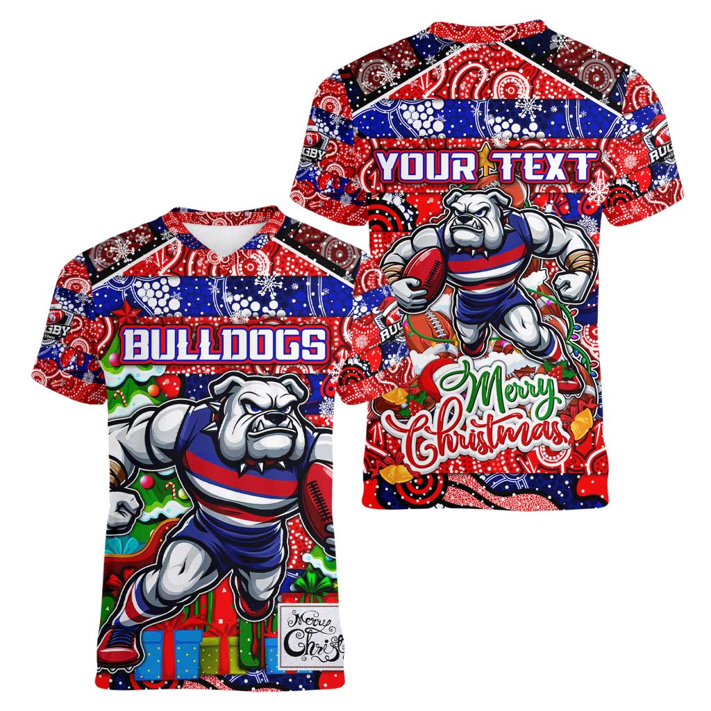 Custom Bulldogs Football Merry Christmas Women V-Neck T-Shirt Indigenous Australian Art