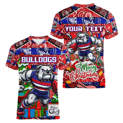 Custom Bulldogs Football Merry Christmas Women V-Neck T-Shirt Indigenous Australian Art