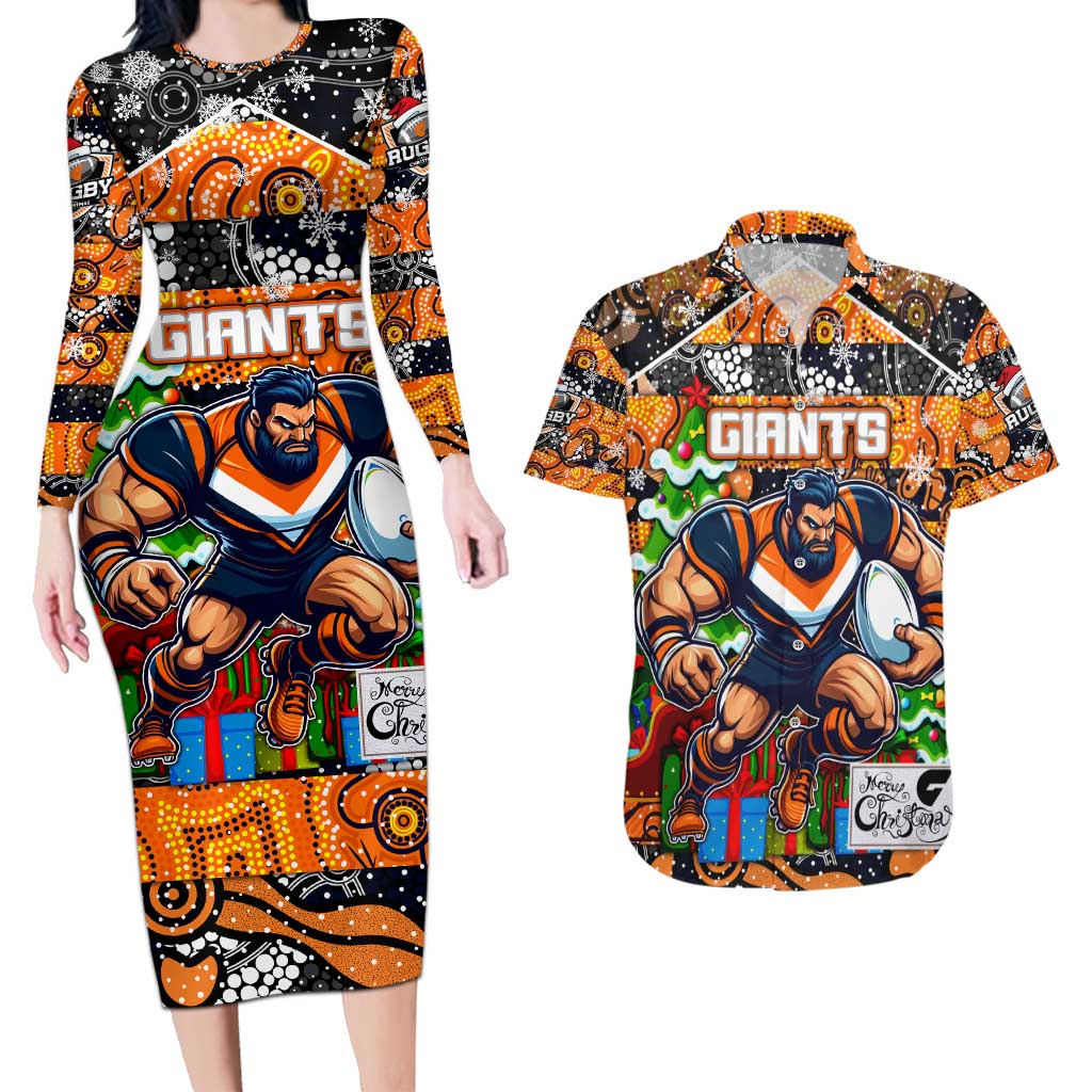 Custom Giants Rugby Merry Christmas Couples Matching Long Sleeve Bodycon Dress and Hawaiian Shirt Indigenous Australian Art