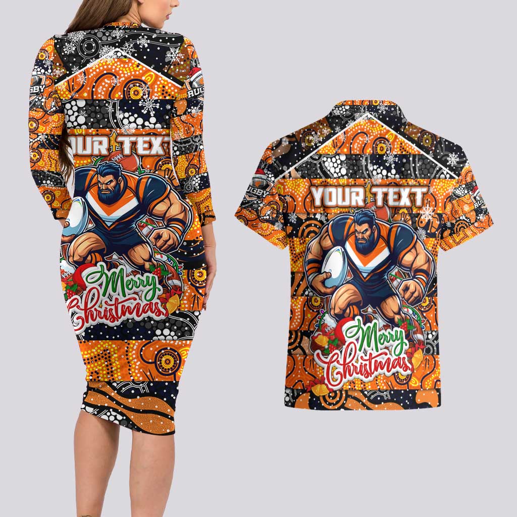 Custom Giants Rugby Merry Christmas Couples Matching Long Sleeve Bodycon Dress and Hawaiian Shirt Indigenous Australian Art