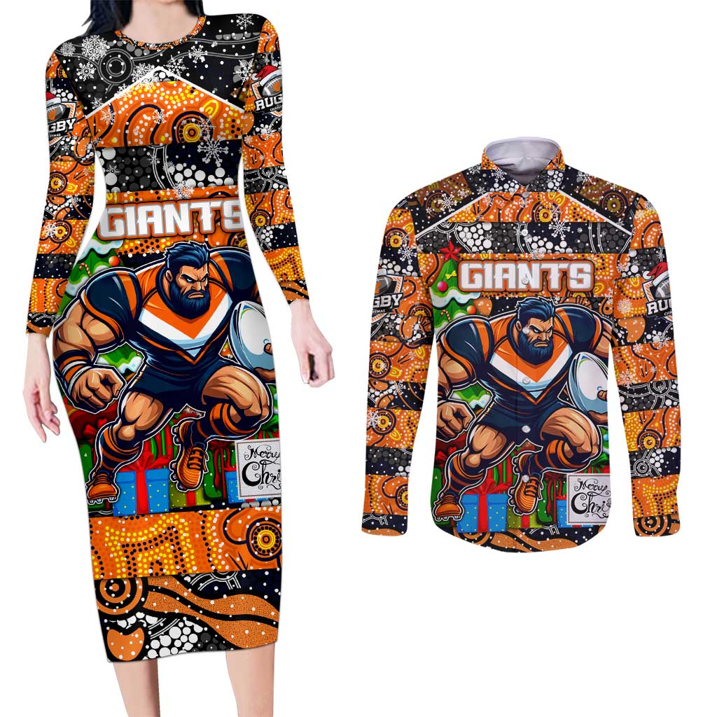 Custom Giants Rugby Merry Christmas Couples Matching Long Sleeve Bodycon Dress and Long Sleeve Button Shirt Indigenous Australian Art