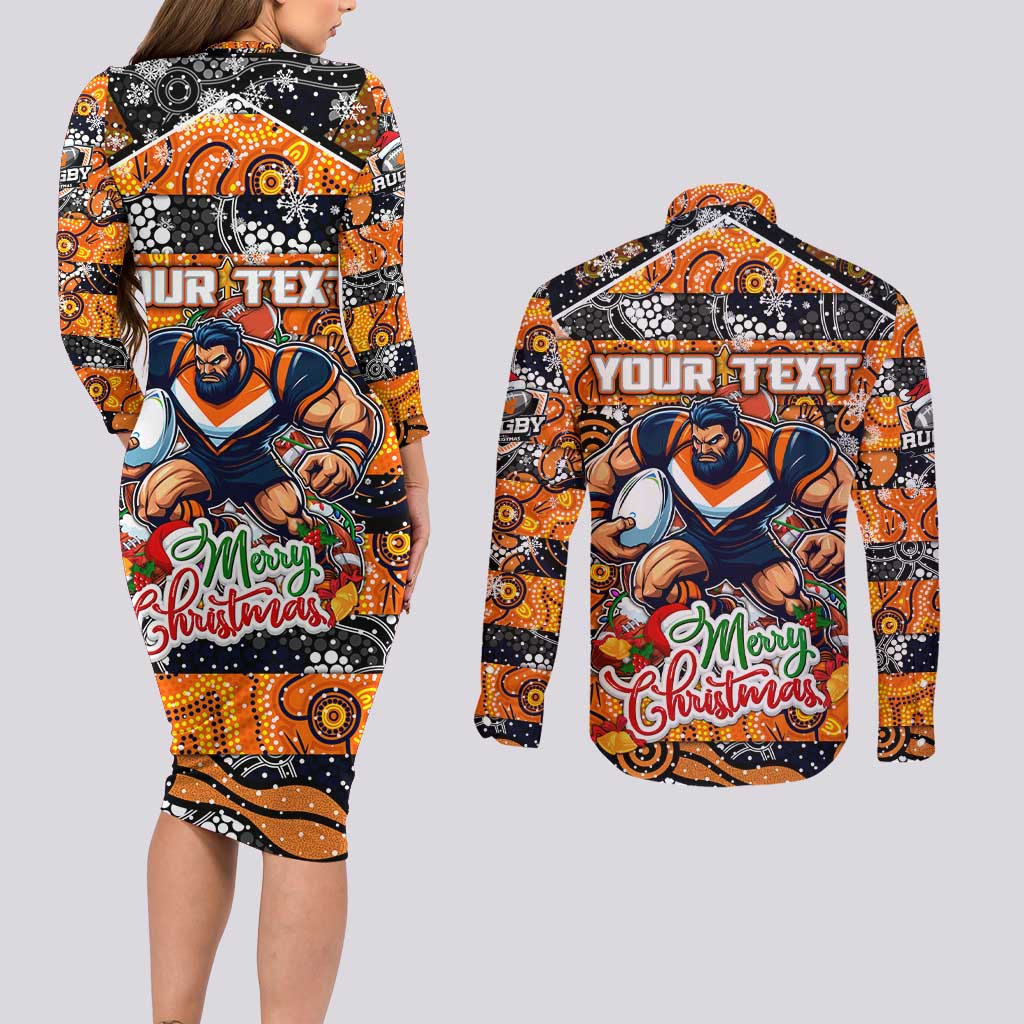 Custom Giants Rugby Merry Christmas Couples Matching Long Sleeve Bodycon Dress and Long Sleeve Button Shirt Indigenous Australian Art