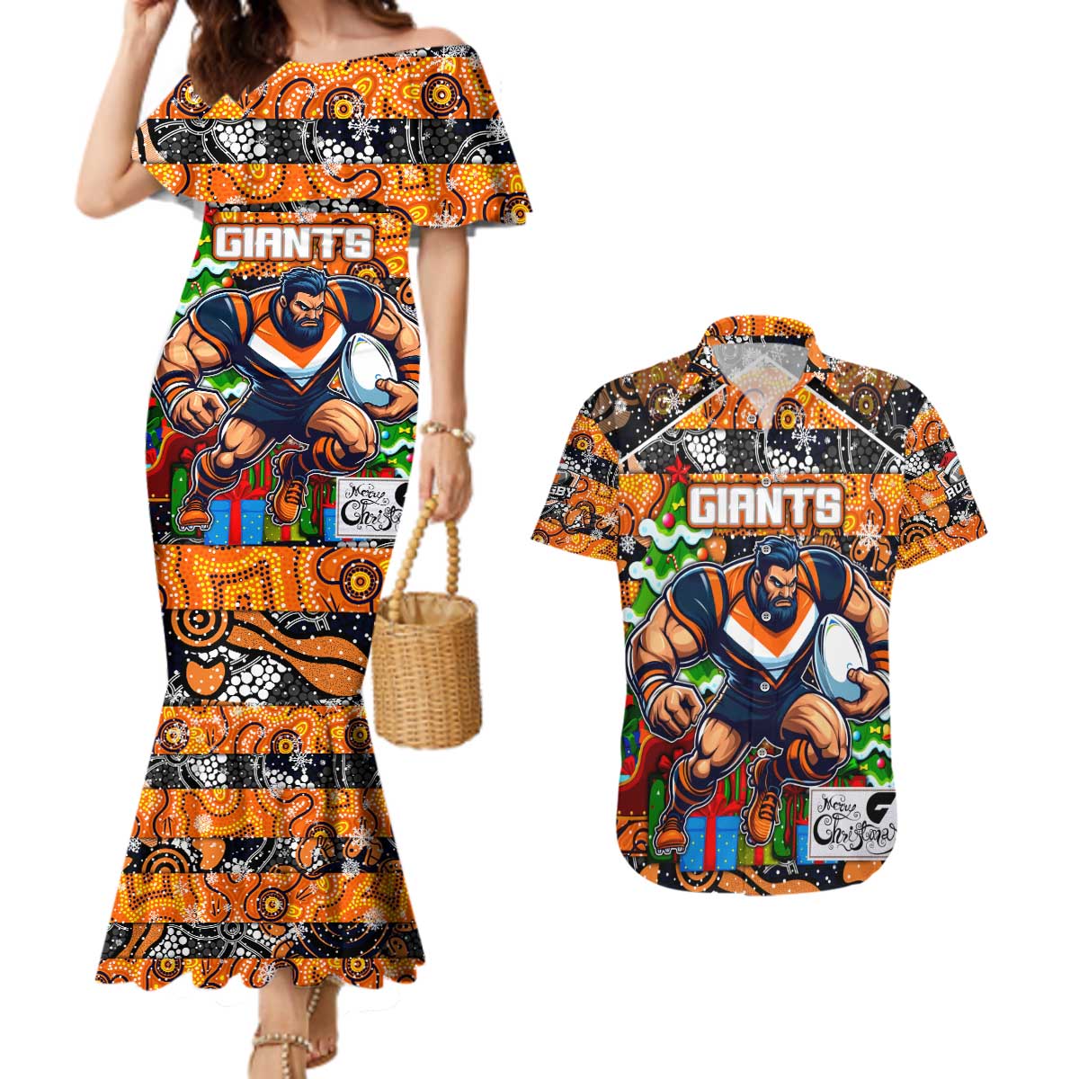 Custom Giants Rugby Merry Christmas Couples Matching Mermaid Dress and Hawaiian Shirt Indigenous Australian Art