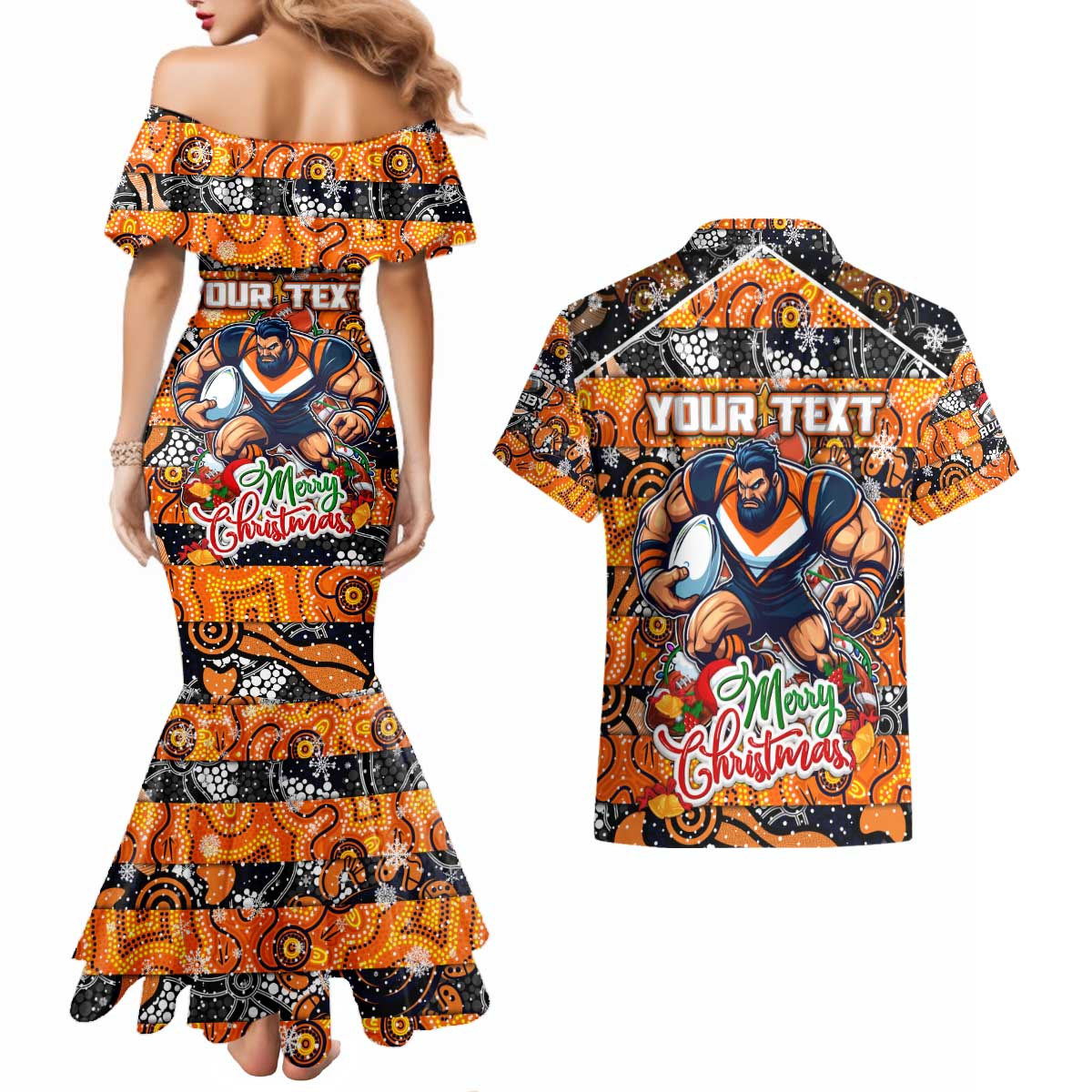 Custom Giants Rugby Merry Christmas Couples Matching Mermaid Dress and Hawaiian Shirt Indigenous Australian Art