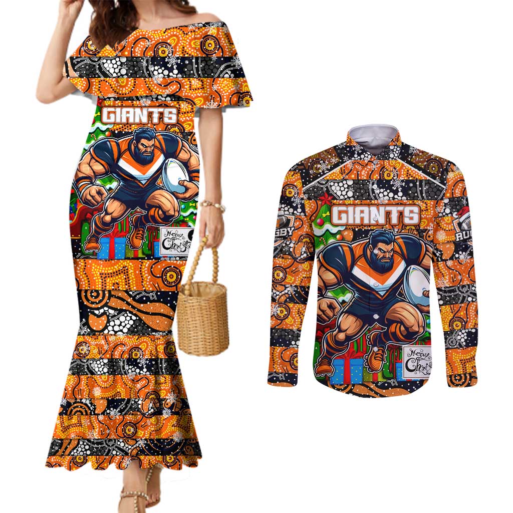 Custom Giants Rugby Merry Christmas Couples Matching Mermaid Dress and Long Sleeve Button Shirt Indigenous Australian Art