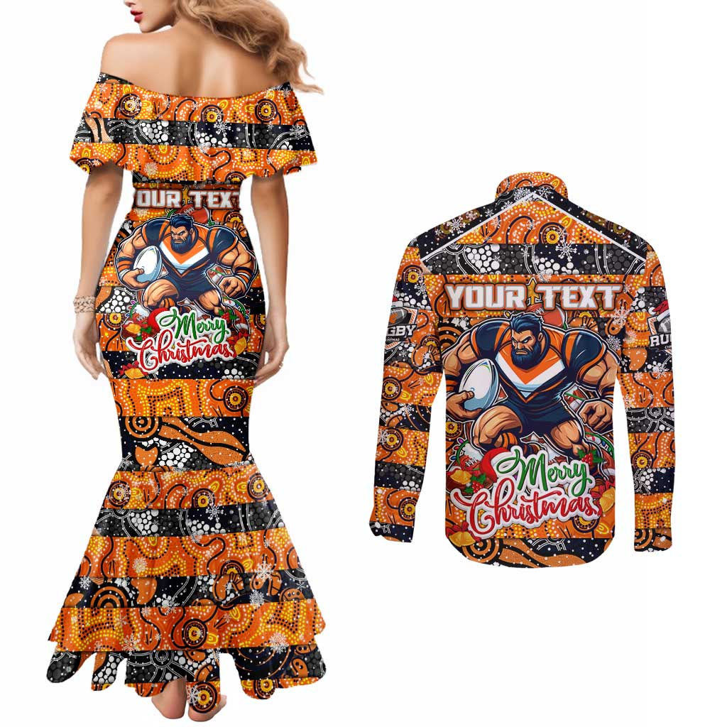 Custom Giants Rugby Merry Christmas Couples Matching Mermaid Dress and Long Sleeve Button Shirt Indigenous Australian Art