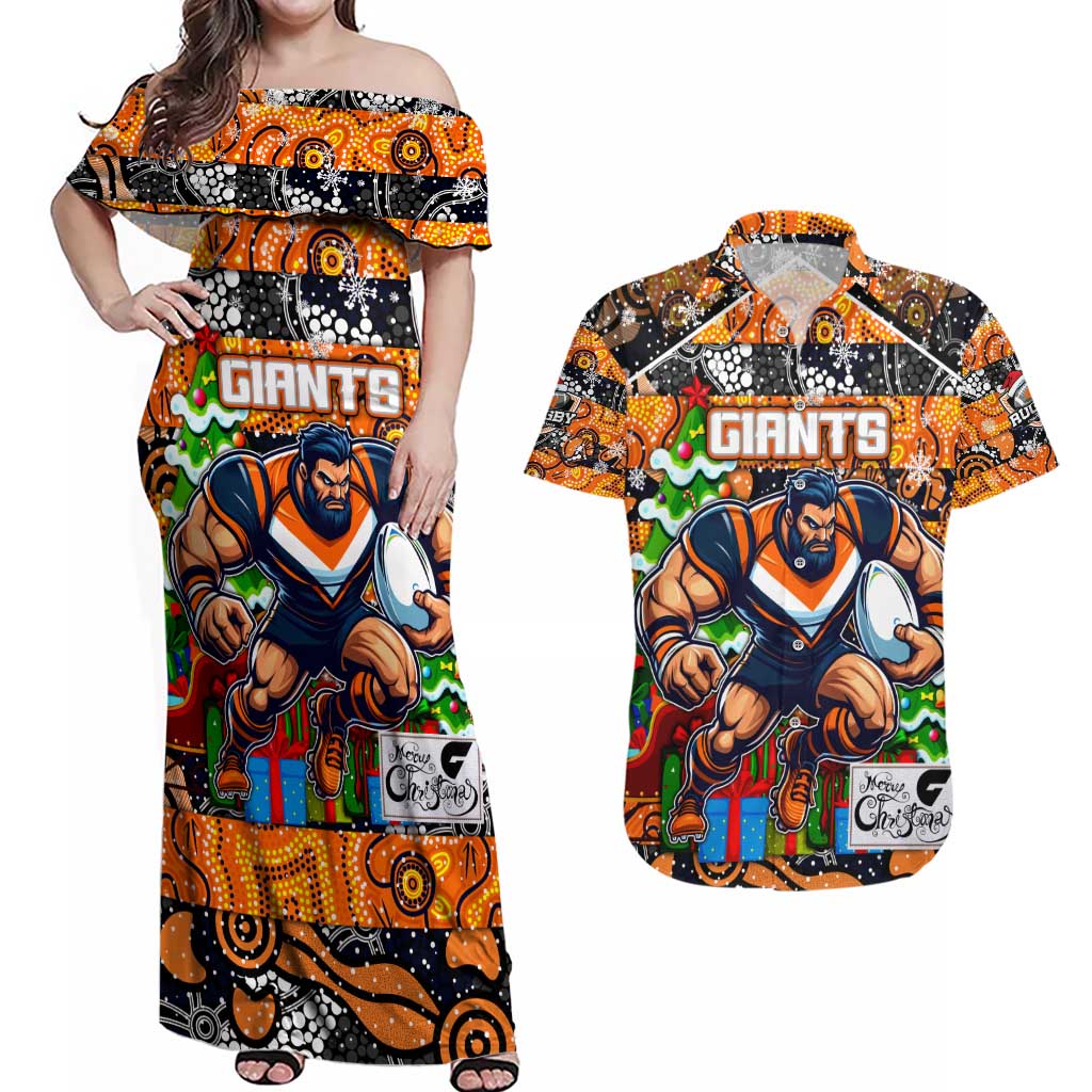 Custom Giants Rugby Merry Christmas Couples Matching Off Shoulder Maxi Dress and Hawaiian Shirt Indigenous Australian Art