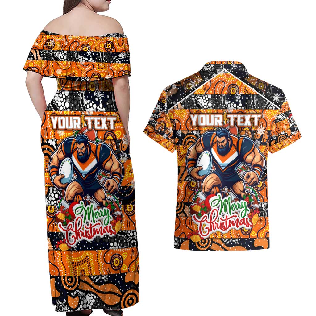 Custom Giants Rugby Merry Christmas Couples Matching Off Shoulder Maxi Dress and Hawaiian Shirt Indigenous Australian Art