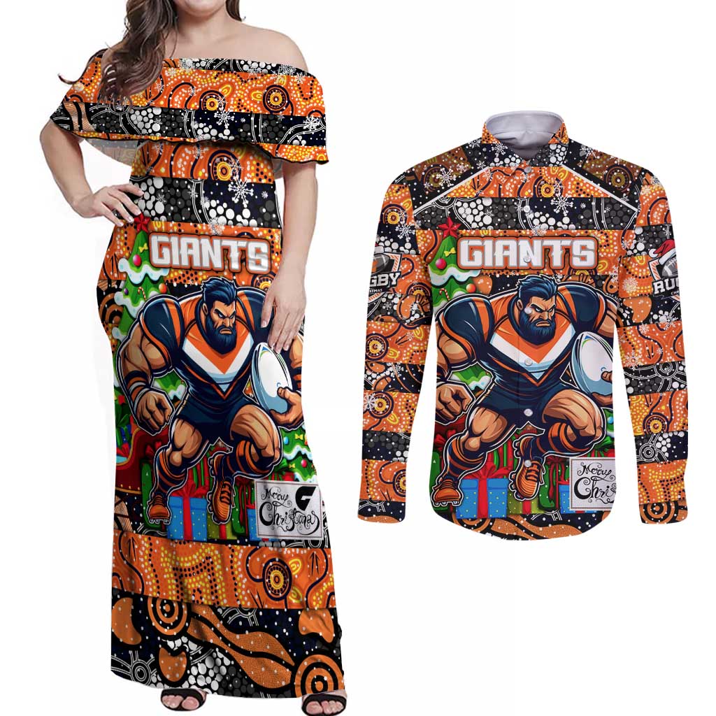 Custom Giants Rugby Merry Christmas Couples Matching Off Shoulder Maxi Dress and Long Sleeve Button Shirt Indigenous Australian Art
