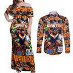 Custom Giants Rugby Merry Christmas Couples Matching Off Shoulder Maxi Dress and Long Sleeve Button Shirt Indigenous Australian Art
