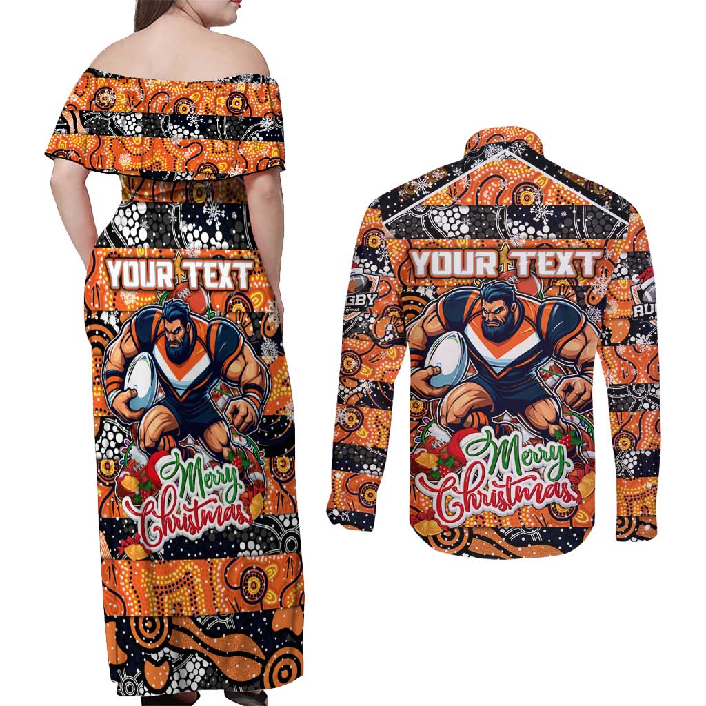 Custom Giants Rugby Merry Christmas Couples Matching Off Shoulder Maxi Dress and Long Sleeve Button Shirt Indigenous Australian Art