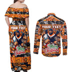 Custom Giants Rugby Merry Christmas Couples Matching Off Shoulder Maxi Dress and Long Sleeve Button Shirt Indigenous Australian Art