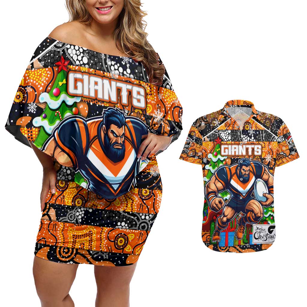 Custom Giants Rugby Merry Christmas Couples Matching Off Shoulder Short Dress and Hawaiian Shirt Indigenous Australian Art