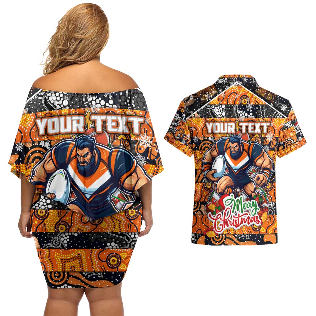 Custom Giants Rugby Merry Christmas Couples Matching Off Shoulder Short Dress and Hawaiian Shirt Indigenous Australian Art