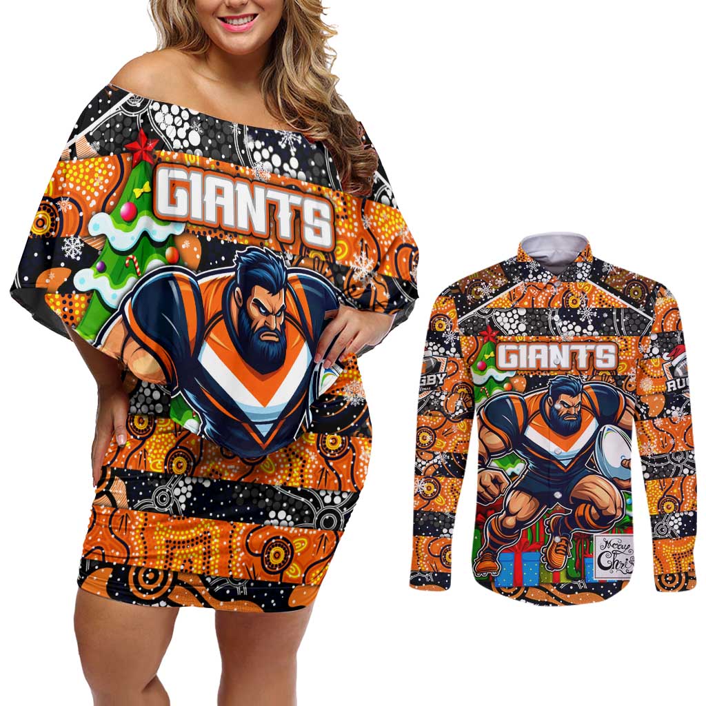 Custom Giants Rugby Merry Christmas Couples Matching Off Shoulder Short Dress and Long Sleeve Button Shirt Indigenous Australian Art