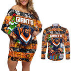 Custom Giants Rugby Merry Christmas Couples Matching Off Shoulder Short Dress and Long Sleeve Button Shirt Indigenous Australian Art