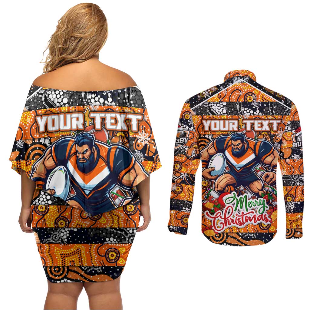 Custom Giants Rugby Merry Christmas Couples Matching Off Shoulder Short Dress and Long Sleeve Button Shirt Indigenous Australian Art