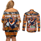 Custom Giants Rugby Merry Christmas Couples Matching Off Shoulder Short Dress and Long Sleeve Button Shirt Indigenous Australian Art