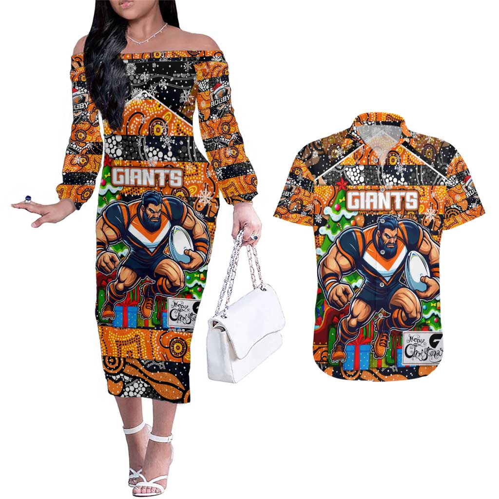 Custom Giants Rugby Merry Christmas Couples Matching Off The Shoulder Long Sleeve Dress and Hawaiian Shirt Indigenous Australian Art