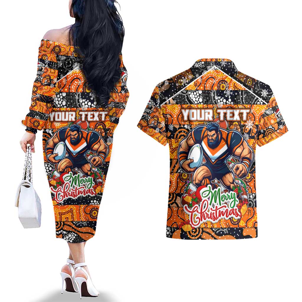 Custom Giants Rugby Merry Christmas Couples Matching Off The Shoulder Long Sleeve Dress and Hawaiian Shirt Indigenous Australian Art