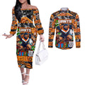 Custom Giants Rugby Merry Christmas Couples Matching Off The Shoulder Long Sleeve Dress and Long Sleeve Button Shirt Indigenous Australian Art