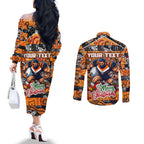 Custom Giants Rugby Merry Christmas Couples Matching Off The Shoulder Long Sleeve Dress and Long Sleeve Button Shirt Indigenous Australian Art