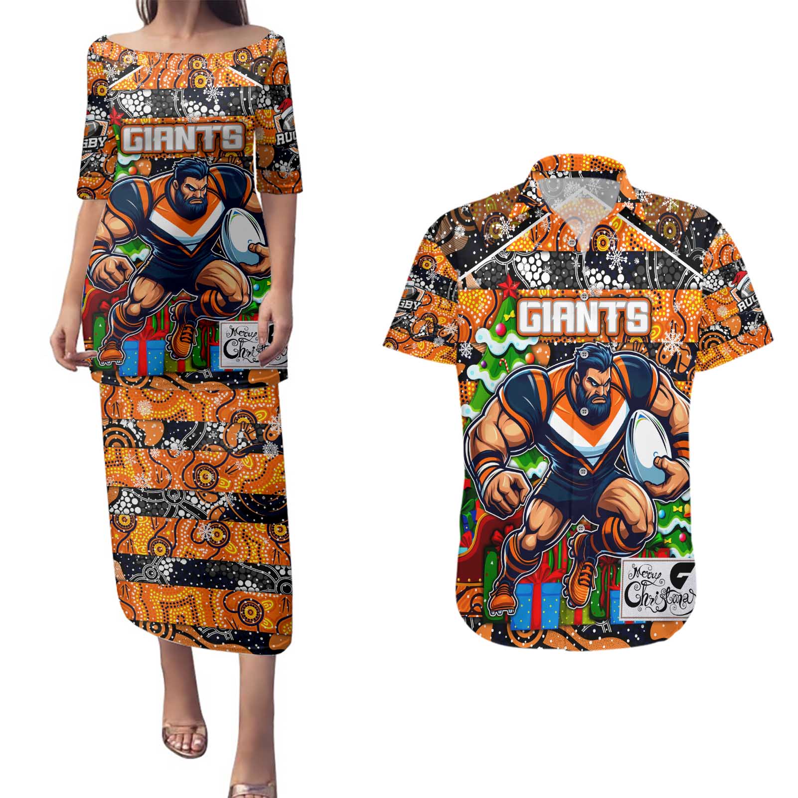 Custom Giants Rugby Merry Christmas Couples Matching Puletasi and Hawaiian Shirt Indigenous Australian Art