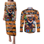 Custom Giants Rugby Merry Christmas Couples Matching Puletasi and Long Sleeve Button Shirt Indigenous Australian Art