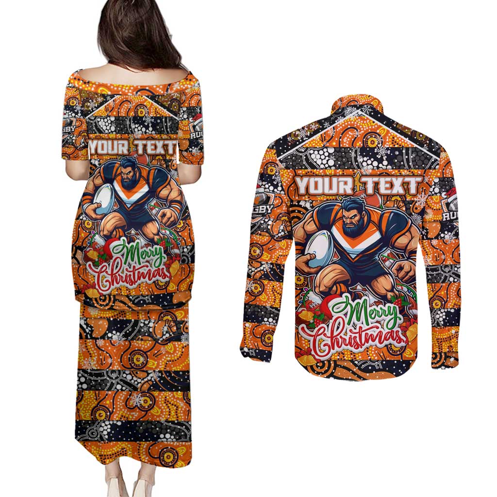 Custom Giants Rugby Merry Christmas Couples Matching Puletasi and Long Sleeve Button Shirt Indigenous Australian Art