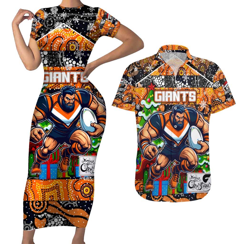 Custom Giants Rugby Merry Christmas Couples Matching Short Sleeve Bodycon Dress and Hawaiian Shirt Indigenous Australian Art