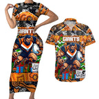 Custom Giants Rugby Merry Christmas Couples Matching Short Sleeve Bodycon Dress and Hawaiian Shirt Indigenous Australian Art