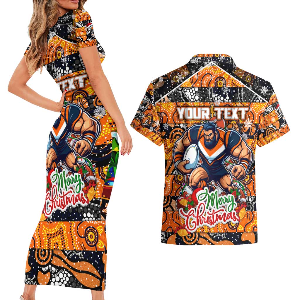 Custom Giants Rugby Merry Christmas Couples Matching Short Sleeve Bodycon Dress and Hawaiian Shirt Indigenous Australian Art